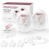 Momcozy wearable milk collection cups used with a compatible pump for hands-free pumping.