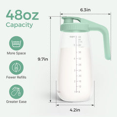 Momcozy wide-mouth pouring pitcher highlighting easy pouring and cleaning