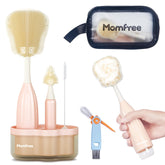 Momfree bottle brush set shows dense foam for thorough bottle cleaning.