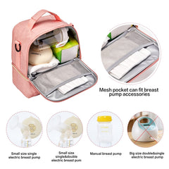 MOMIGO Breast Pump Bag Cooler top layer photographed for dry items and compact pump storage.