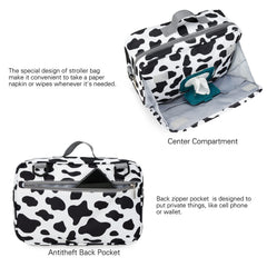 MOMIGO cow print diaper caddy tissue pocket keeps wipes within easy reach.