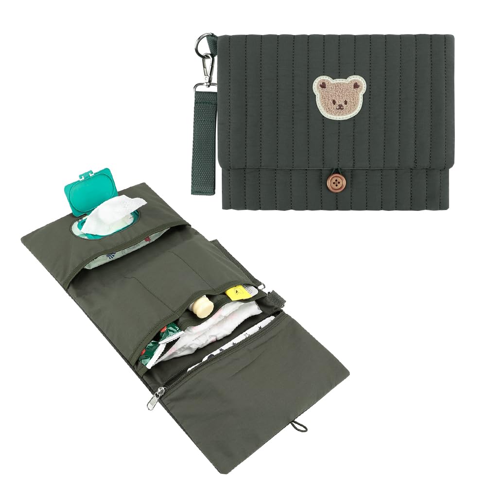 MOMIGO Love Bear diaper bag in green folded for compact travel storage.