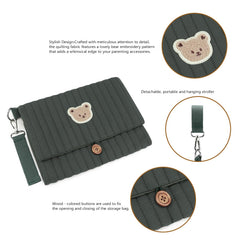 MOMIGO Love Bear diaper bag in green with stroller strap for hands-free adventures.