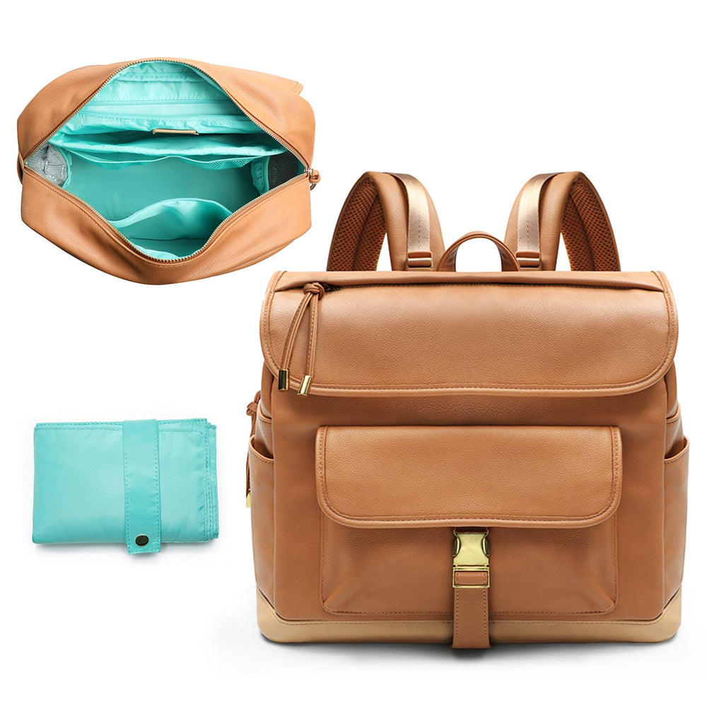 MOMINSIDE leather diaper bag backpack front view with easy access pockets.