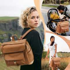 MOMINSIDE leather diaper bag backpack side pocket for bottles on the go.