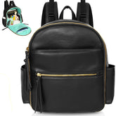 MOMINSIDE small diaper bag backpack in black, front view, easy to wipe clean.