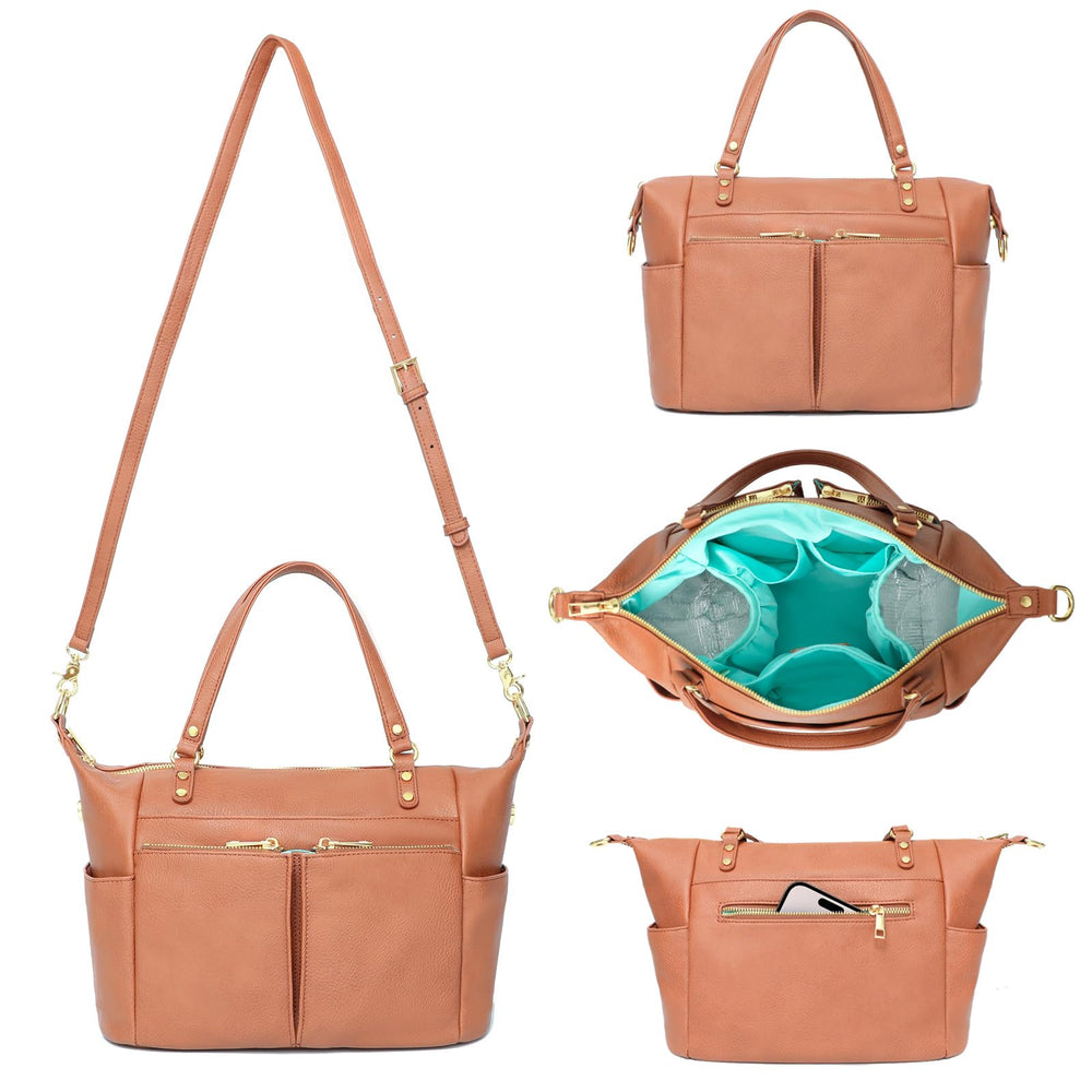 MOMINSIDE small diaper bag brown vegan leather with easy-clean surface.