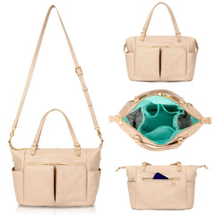 MOMINSIDE small leather diaper tote in ivory, crossbody view showing versatile carry options.