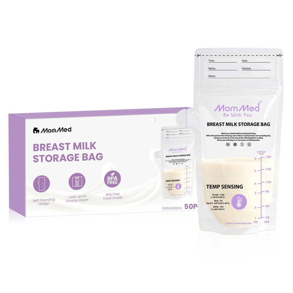 MOMMED breast milk storage bag with color-changing indicator showing temperature cue