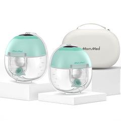 MomMed S33 wearable pump inside its case for discreet, portable pumping.