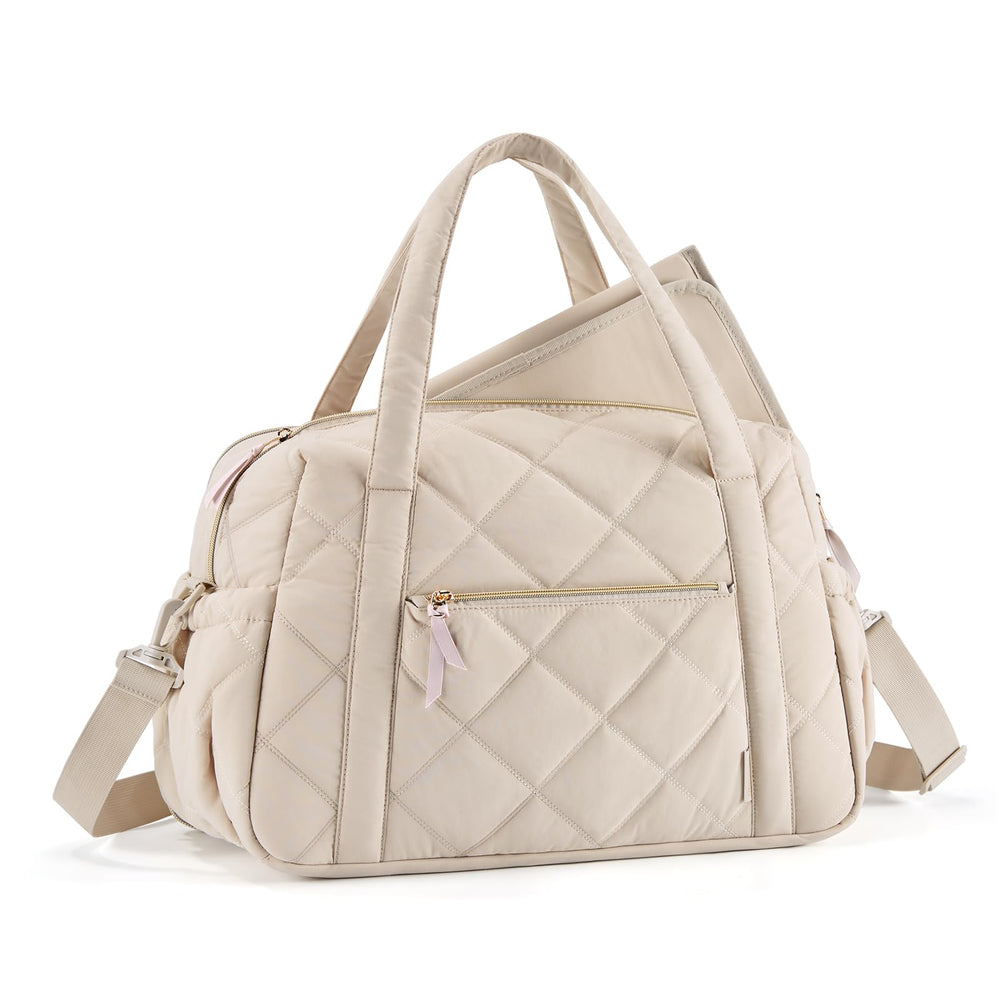 mommore Diaper Bag Tote showing expandable backside zipper for extra space