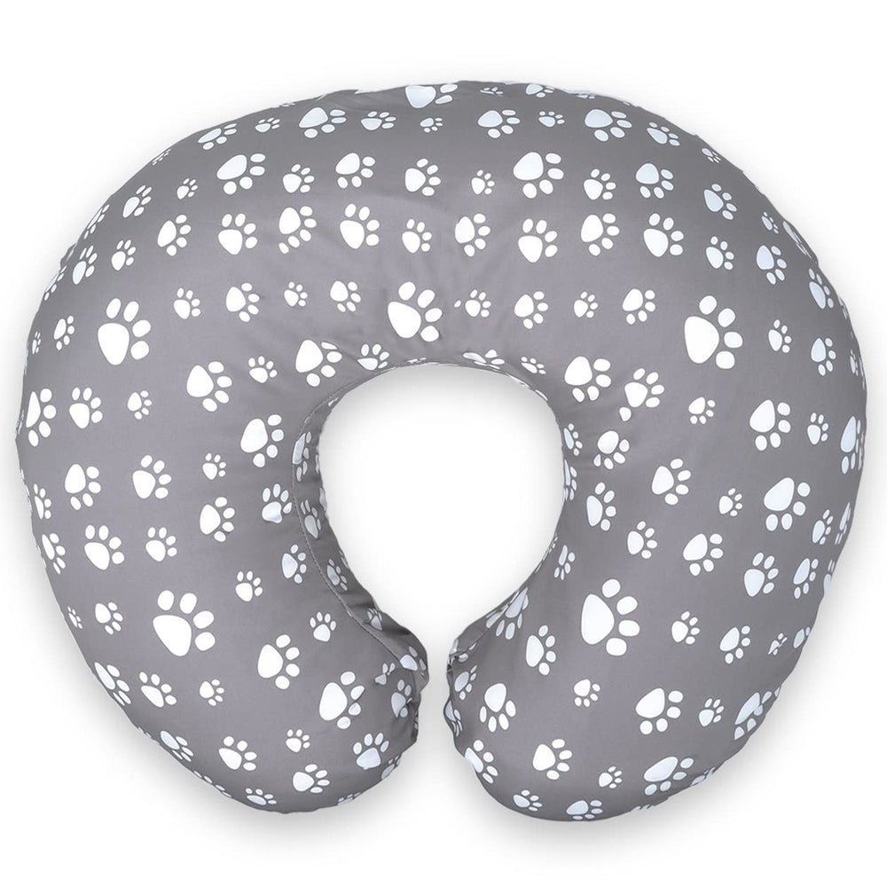 Mommy Leche nursing pillow cover in grey paw print design for unisex style and easy feeding.