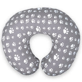 Mommy Leche nursing pillow cover in grey paw print design for unisex style and easy feeding.