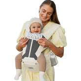 MOMTORY baby carrier shows ergonomic hip seat with balanced weight distribution.