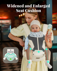 MOMTORY baby carrier wide seat cushion supports comfortable carrying in all positions.
