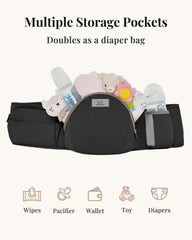 MOMTORY StowNGO Pro hip seat enables ergonomic baby seating