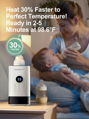 MOMYEASY Bottle Warmer temperature control image emphasizes consistent warming.