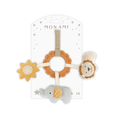 MON AMI Safari Teether Ring in use; baby grips and chews for teething relief