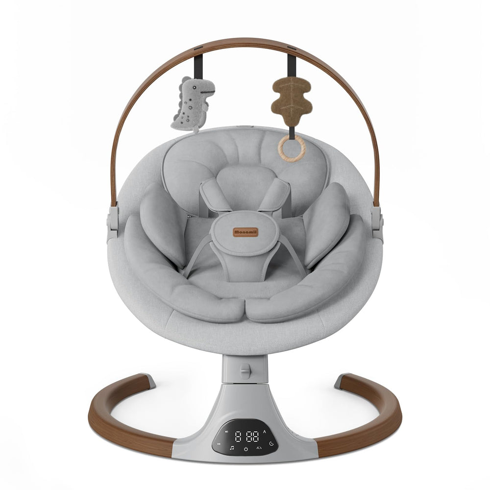 Monamii baby swing with wood grain design delivering stylish calm for infant.