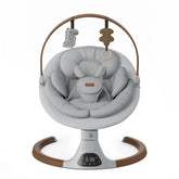 Monamii baby swing with wood grain design delivering stylish calm for infant.