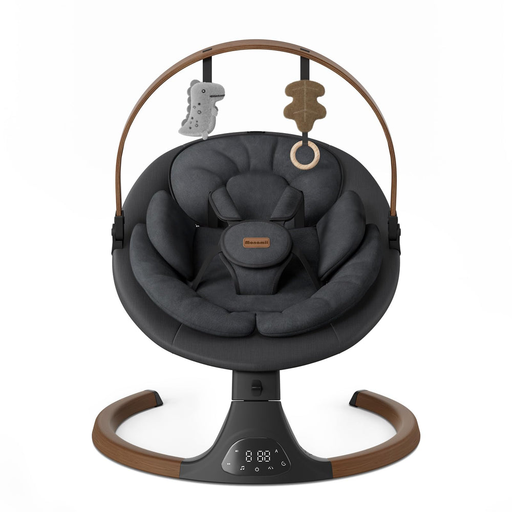 Monamii baby swing with wood grain design for stylish nursery ambiance.