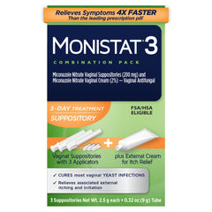 Monistat 3-Day Treatment Pack outer box for convenient at-home relief.