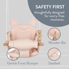 Monkey & Mouse baby swing with beech wood toy attachments encourages sensory exploration.