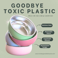 Monkey Proof set of 4 dishwasher-safe bowls resist stains while keeping meals tidy.