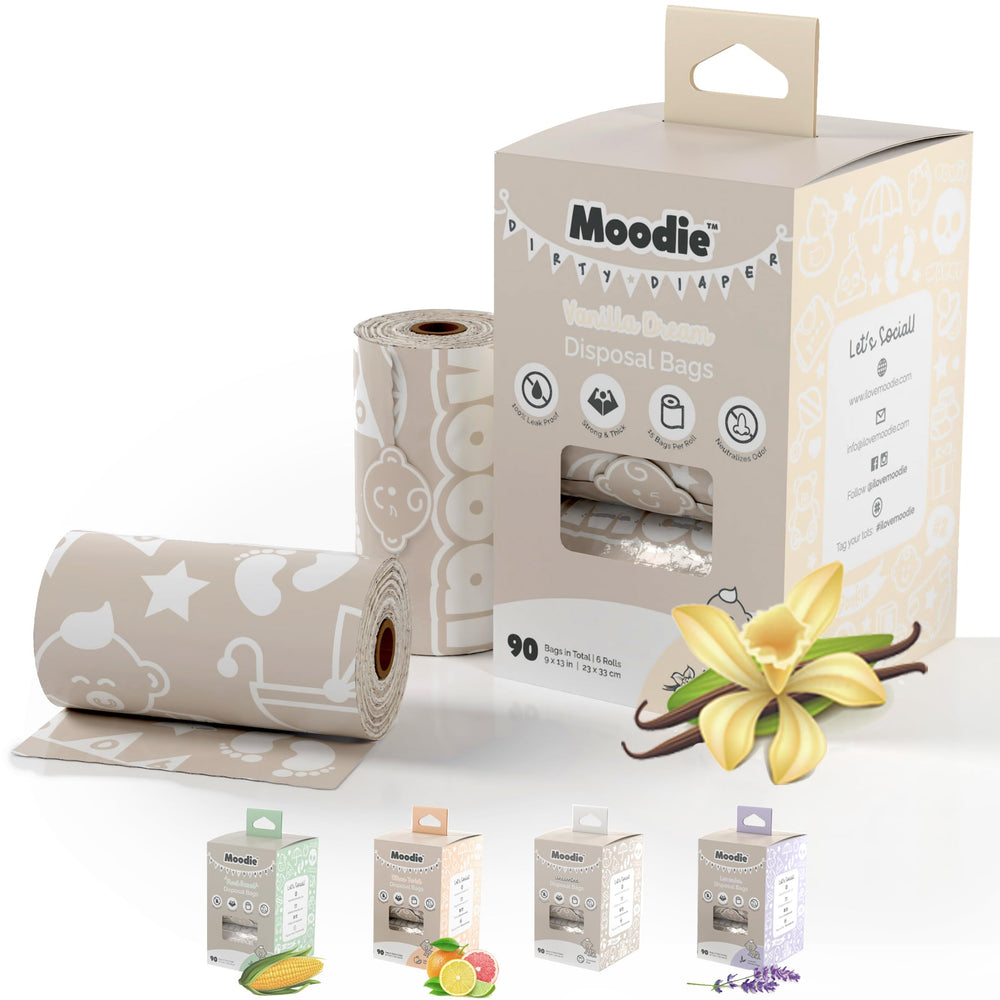 Moodie vanilla-scented diaper disposal bags refill rolls ready for quick changes