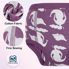 MooMoo Baby Training Underwear shows cotton outer and inner layers for skin-friendly wear.