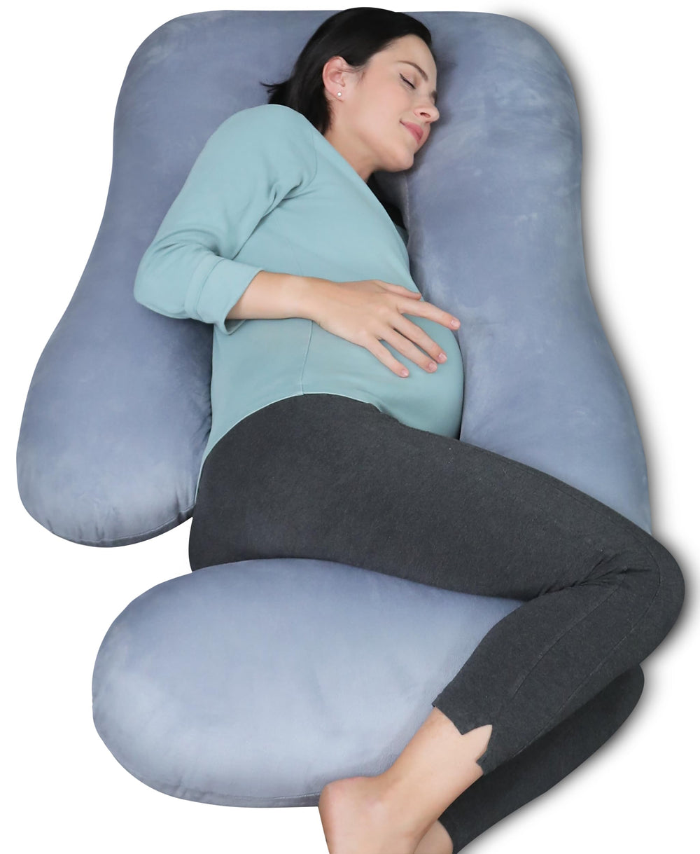 Moon Park full-body U-shape pillow provides head, back, and belly support for restful sleep.