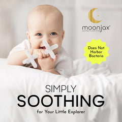 Moonjax teether shown with ergonomic design for easy grasp and comfort.