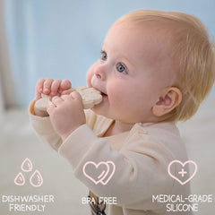 Moonkie Lamb teether textured surface provides gentle gum massage.