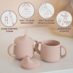 Moonkie three-in-one design highlights sippy, straw and open cup.
