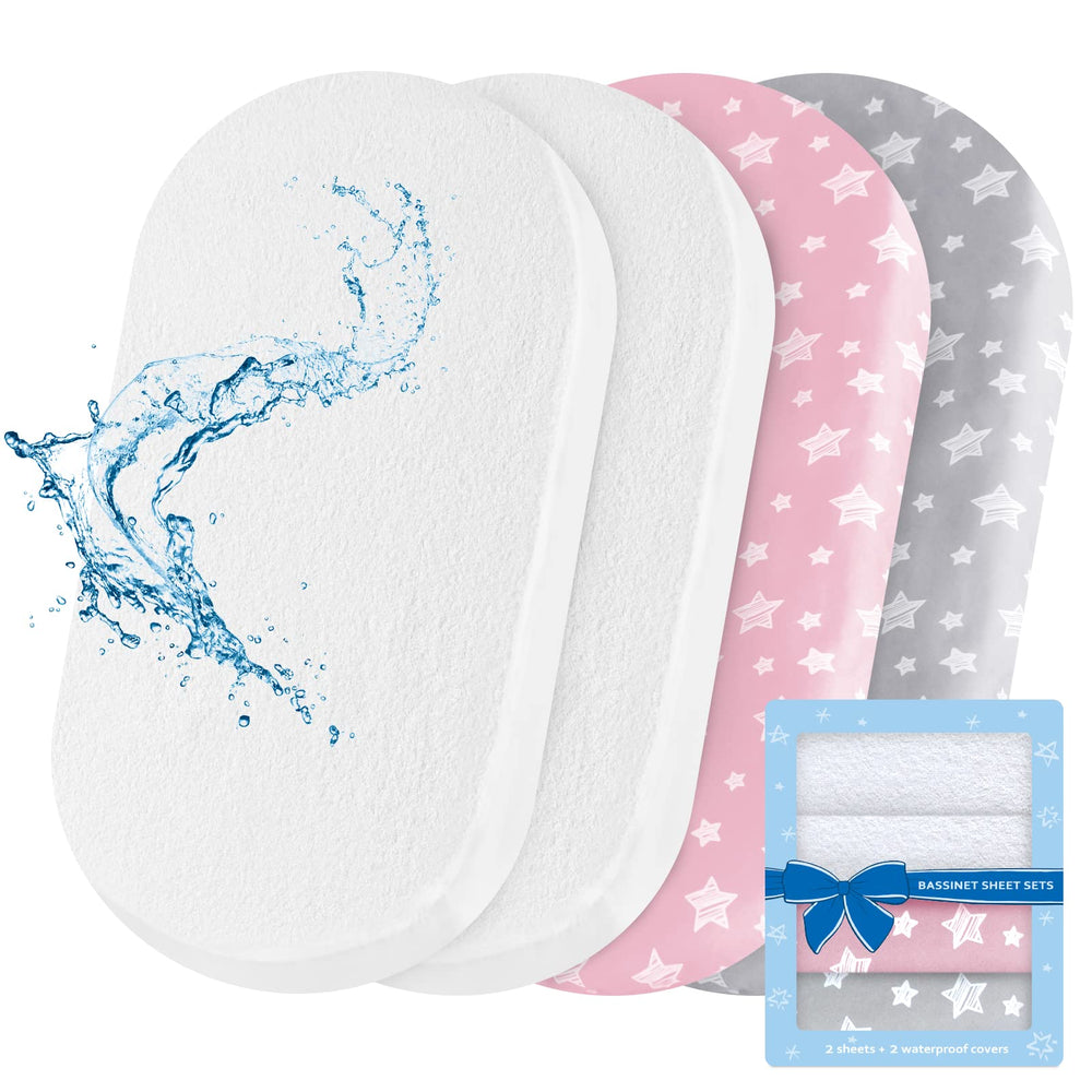 Moonsea bassinet sheets with grey and pink pattern offer a cozy, coordinated nursery.