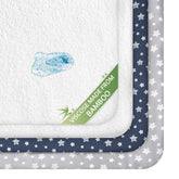 Moonsea crib sheets set in grey and navy for boys' nursery comfort.