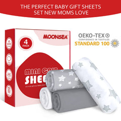 Moonsea mini crib sheets four-pack machine washable for easy care.
