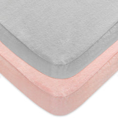 Moonsea 2-pack pack n play sheets with grey-pink colorway on a portable crib.