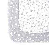 Moonsea pack-n-play sheets in gray and white offer soft, breathable comfort.