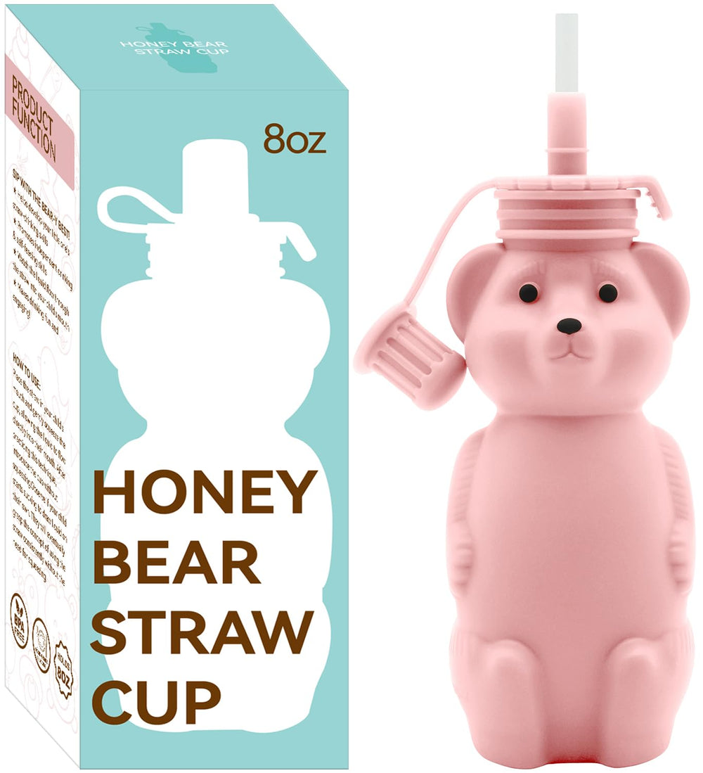 Mootikar Honey Bear straw cup pink supports independent drinking for toddlers.