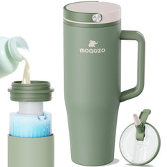MOQOZO 40oz green breastmilk bottle ready for travel keeps milk fresh.