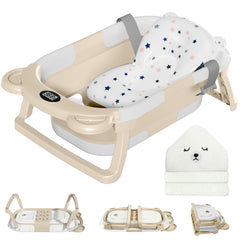 MoreFeel collapsible baby bathtub folded for compact storage and travel convenience