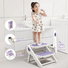 MoreFeel foldable toddler stool folded flat for compact storage behind a door.