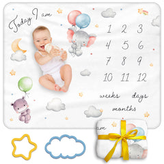 Moreiriny baby milestone blanket with clouds and stars serves as a soft backdrop for monthly photos.