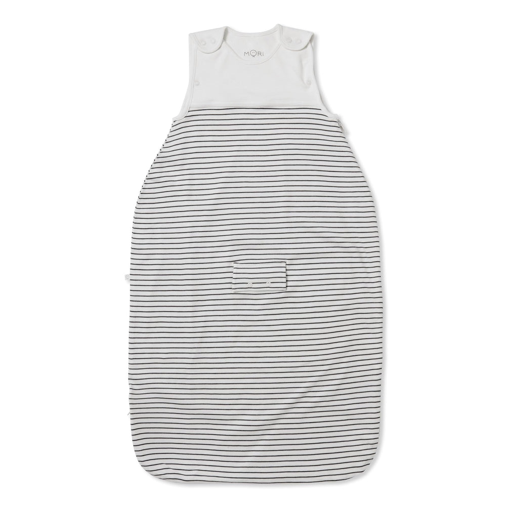 MORI baby sleep sack in grey stripe shows breathable warmth and snug fit for mild nights