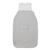 MORI baby sleep sack in grey stripe shows breathable warmth and snug fit for mild nights