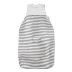MORI baby sleep sack in grey stripe shows breathable warmth and snug fit for mild nights