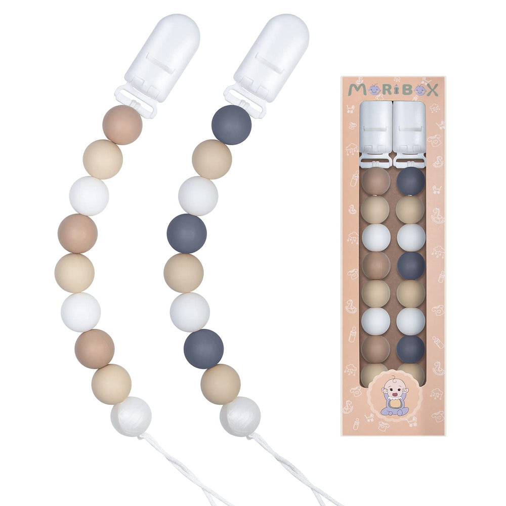 MORIBOX beige pacifier clip closeup shows chic design and practical use