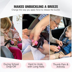 Universal push-button buckle compatibility helps parents with one tool