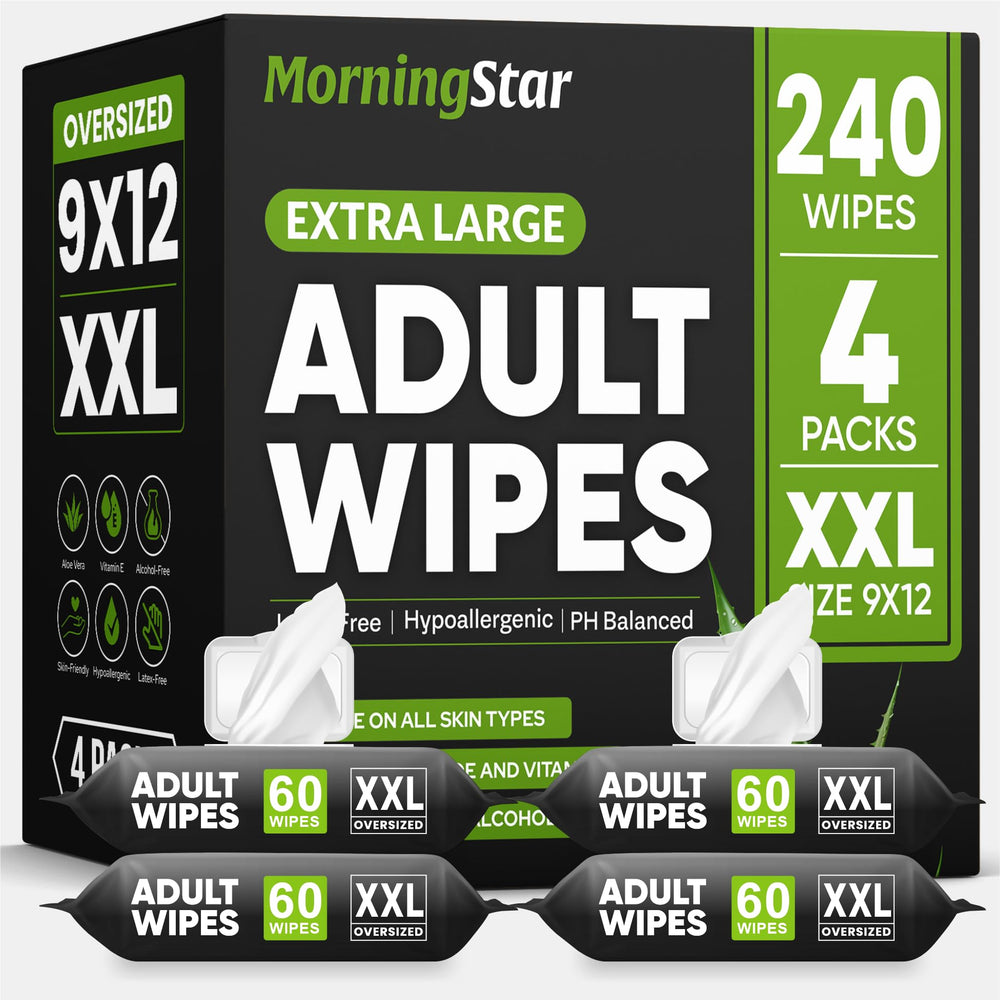 Morning Star adult wipes for the elderly—240 no-rinse wipes in four-pack case, convenient daily care.